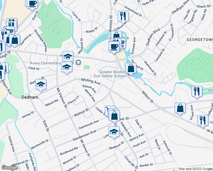 map of restaurants, bars, coffee shops, grocery stores, and more near 82 Walnut Street in Dedham
