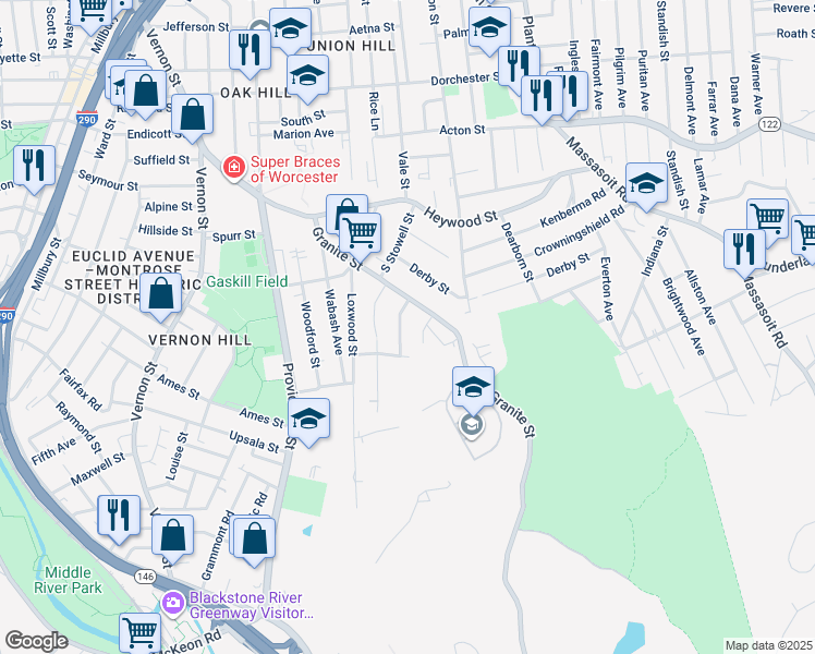 map of restaurants, bars, coffee shops, grocery stores, and more near 34 Bridgeport Street in Worcester