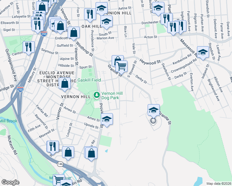 map of restaurants, bars, coffee shops, grocery stores, and more near 24 Woodford Street in Worcester
