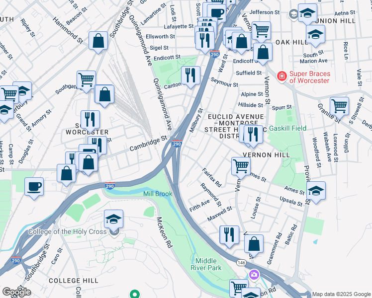 map of restaurants, bars, coffee shops, grocery stores, and more near 4 Diamond Street in Worcester