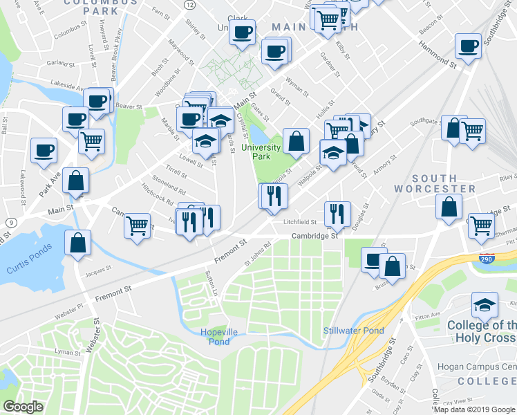 map of restaurants, bars, coffee shops, grocery stores, and more near in Worcester