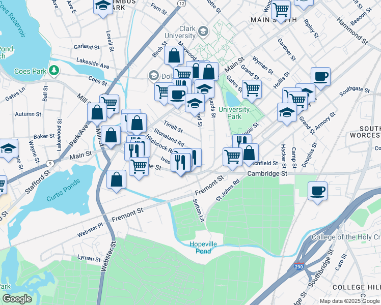 map of restaurants, bars, coffee shops, grocery stores, and more near 49 Hitchcock Road in Worcester
