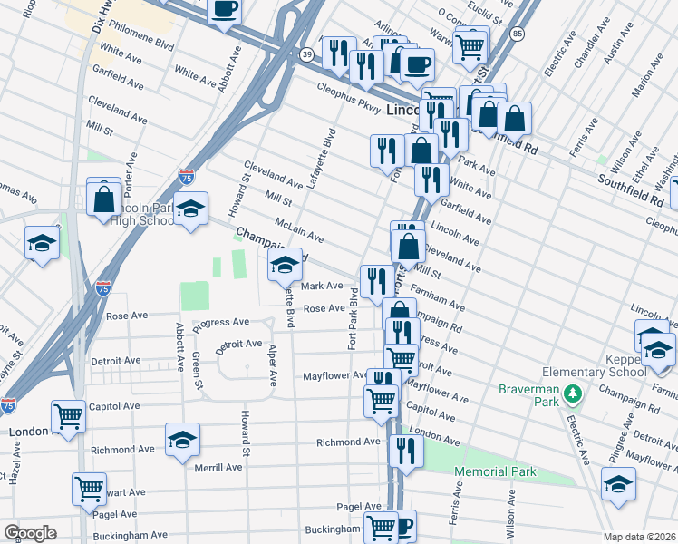 map of restaurants, bars, coffee shops, grocery stores, and more near 1356 Mark Avenue in Lincoln Park