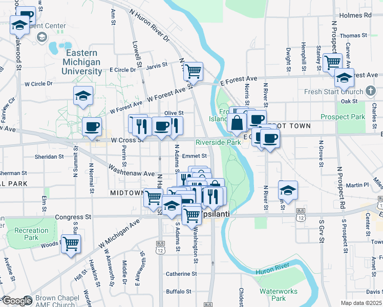 map of restaurants, bars, coffee shops, grocery stores, and more near 216 North Washington Street in Ypsilanti