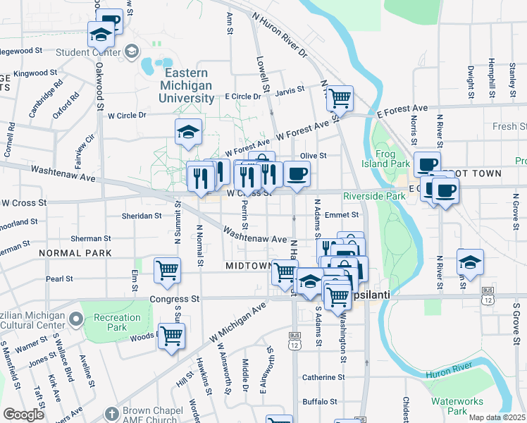 map of restaurants, bars, coffee shops, grocery stores, and more near 216 Ballard Street in Ypsilanti