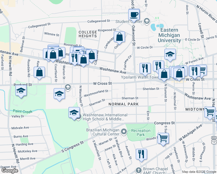map of restaurants, bars, coffee shops, grocery stores, and more near 312 North Wallace Boulevard in Ypsilanti