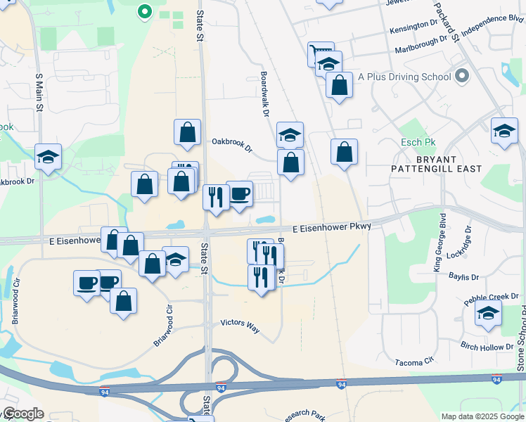 map of restaurants, bars, coffee shops, grocery stores, and more near 789 East Eisenhower Parkway in Ann Arbor