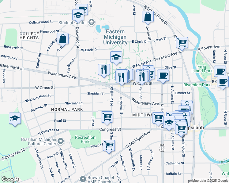 map of restaurants, bars, coffee shops, grocery stores, and more near 811 Washtenaw Avenue in Ypsilanti