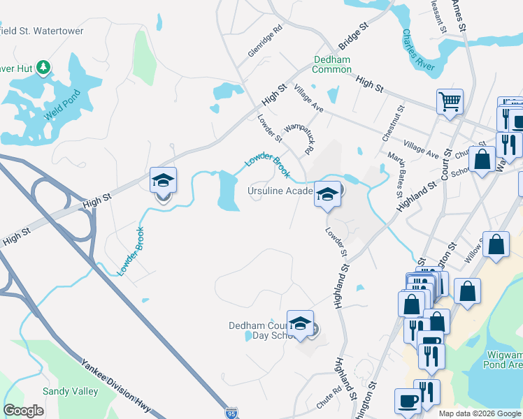 map of restaurants, bars, coffee shops, grocery stores, and more near 115 Horrigan Drive in Dedham