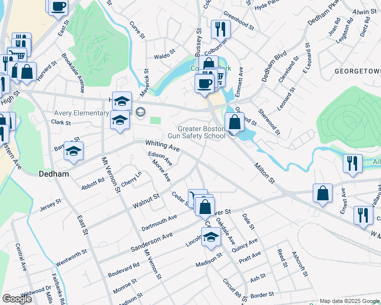 map of restaurants, bars, coffee shops, grocery stores, and more near 82 Walnut Street in Dedham