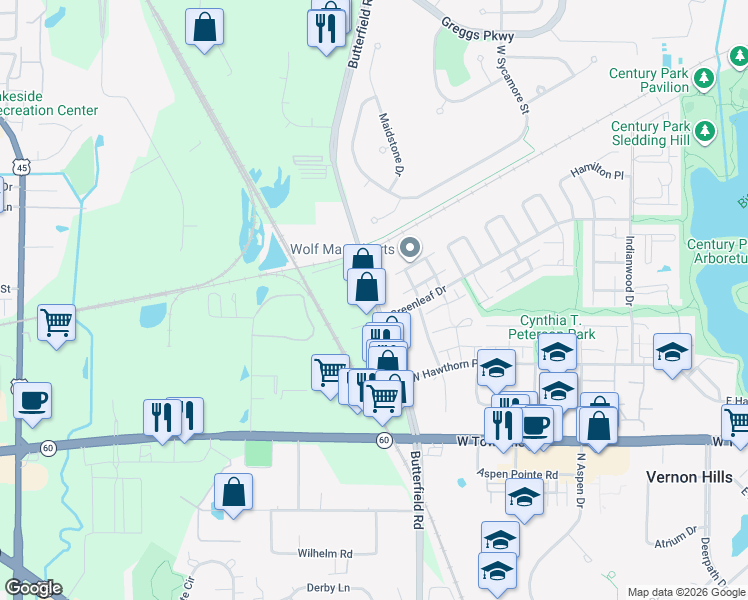 map of restaurants, bars, coffee shops, grocery stores, and more near 1316 Butterfield Road in Mundelein