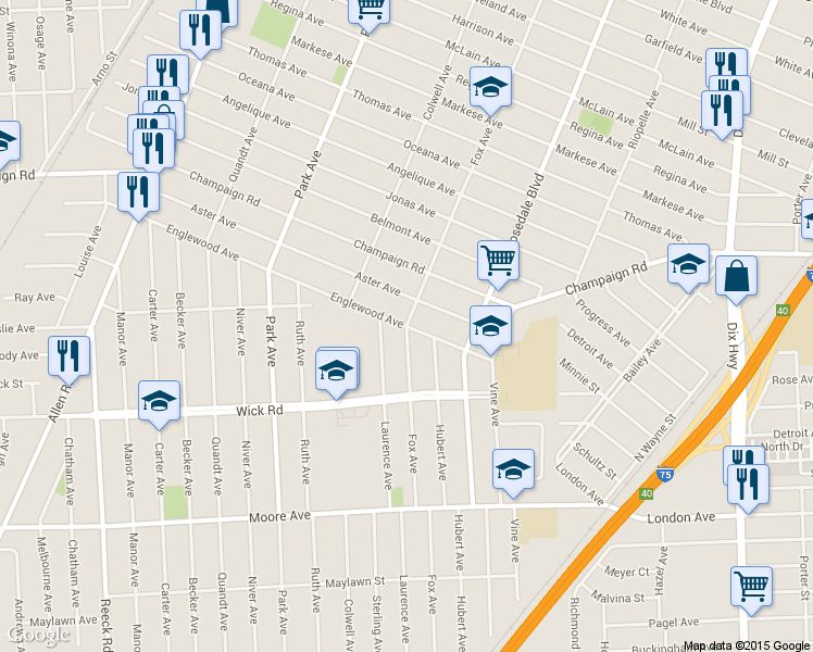 map of restaurants, bars, coffee shops, grocery stores, and more near 8929 Fox Avenue in Allen Park