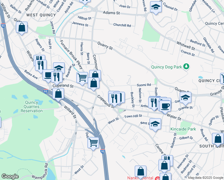 map of restaurants, bars, coffee shops, grocery stores, and more near 268 Common Street in Quincy