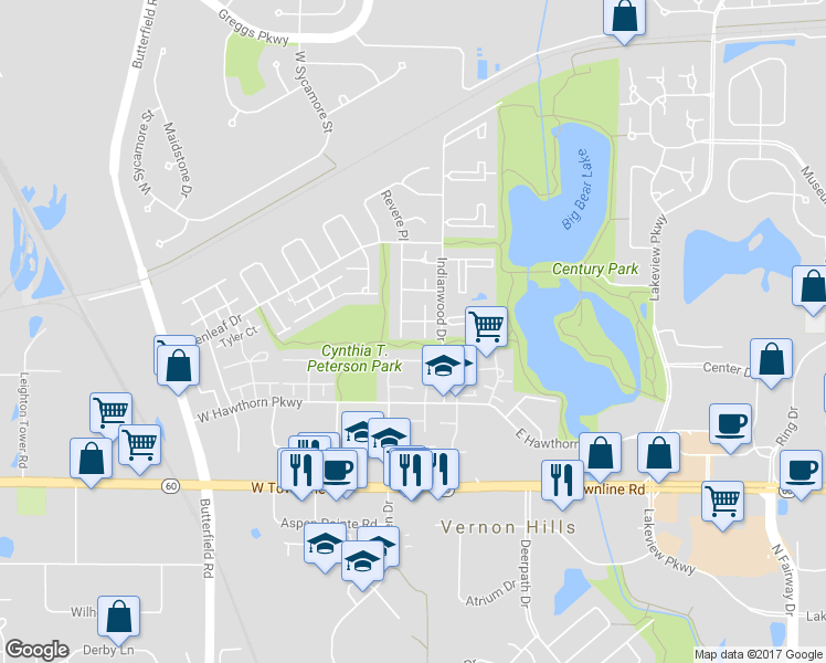 map of restaurants, bars, coffee shops, grocery stores, and more near 387 Jefferson Court in Vernon Hills