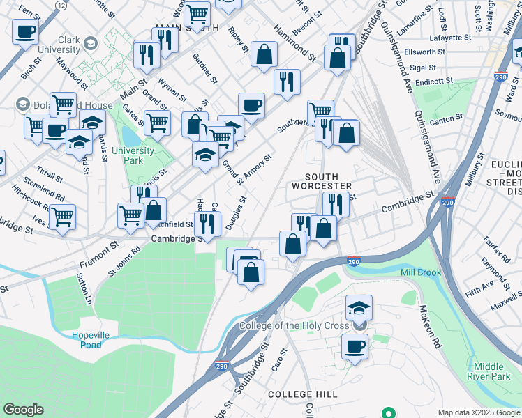 map of restaurants, bars, coffee shops, grocery stores, and more near 194 Grand Street in Worcester
