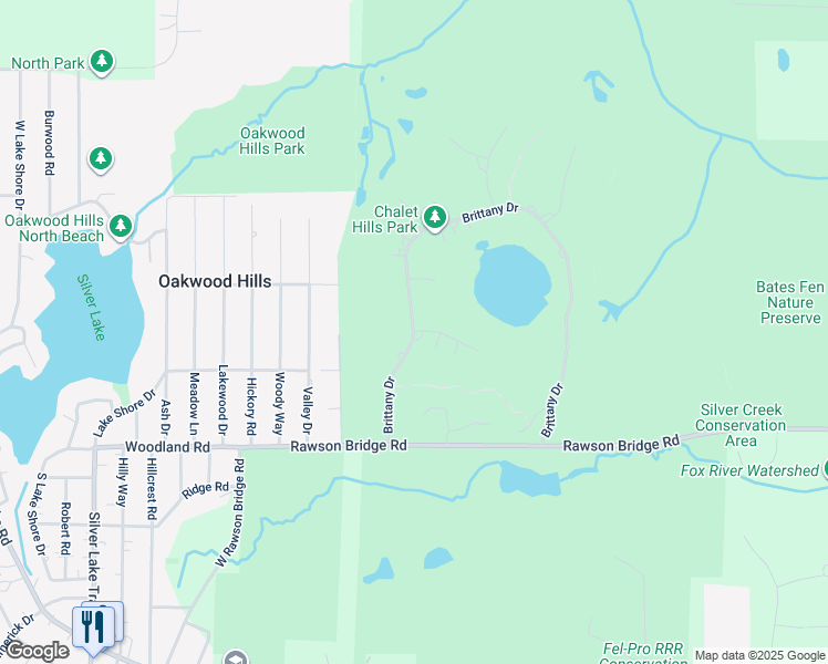 map of restaurants, bars, coffee shops, grocery stores, and more near Brittany Drive in Oakwood Hills