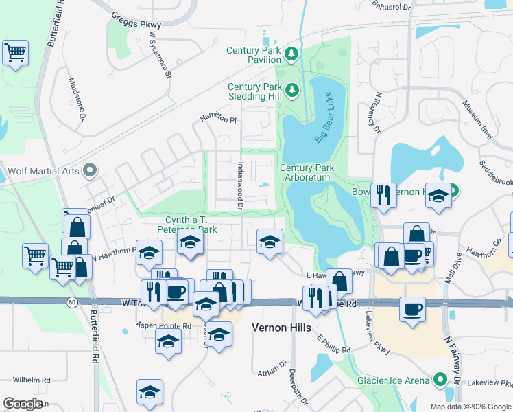 map of restaurants, bars, coffee shops, grocery stores, and more near 10 Crestview Lane in Vernon Hills