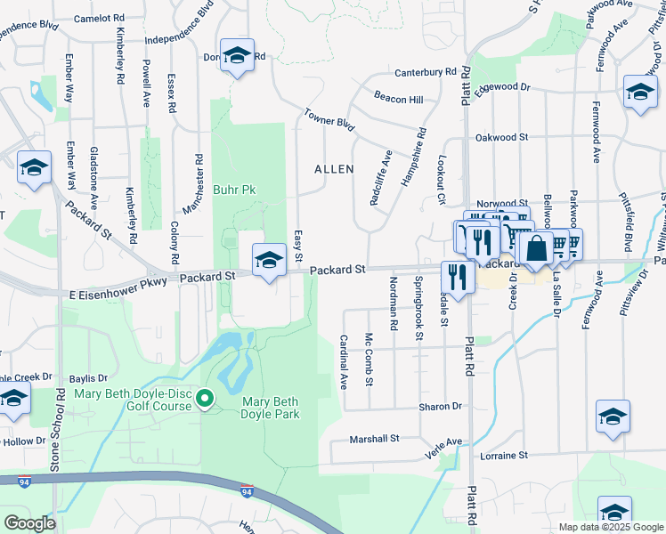 map of restaurants, bars, coffee shops, grocery stores, and more near 2857 Packard Street in Ann Arbor