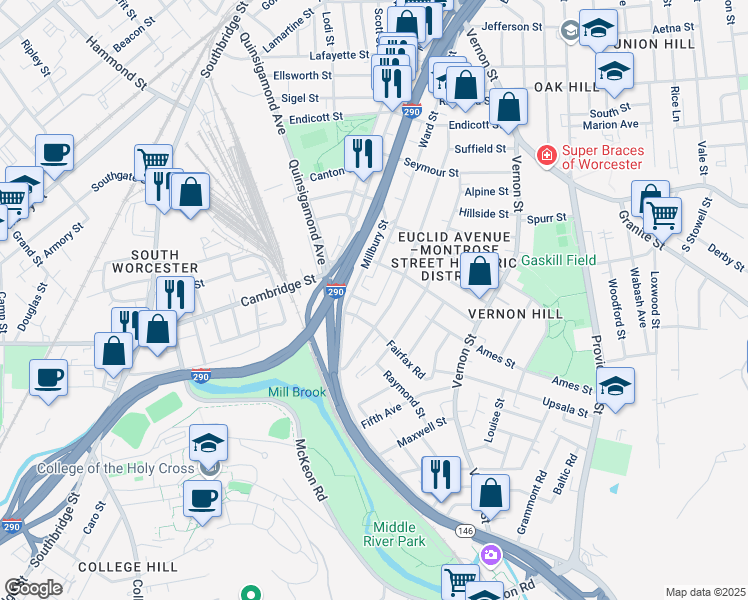 map of restaurants, bars, coffee shops, grocery stores, and more near 171 Perry Avenue in Worcester