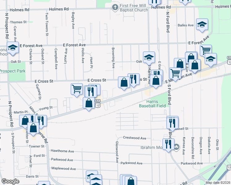 map of restaurants, bars, coffee shops, grocery stores, and more near 1191 East Michigan Avenue in Ypsilanti