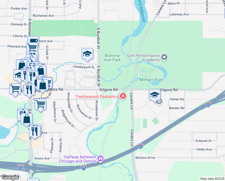 map of restaurants, bars, coffee shops, grocery stores, and more near 246 East Kilgore Road in Portage