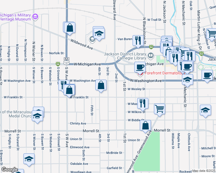 map of restaurants, bars, coffee shops, grocery stores, and more near 311 3rd Street in Jackson
