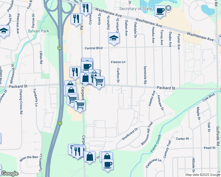 map of restaurants, bars, coffee shops, grocery stores, and more near 4206 Packard Street in Ann Arbor