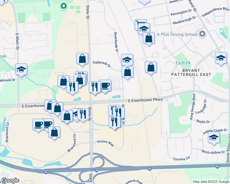 map of restaurants, bars, coffee shops, grocery stores, and more near 789 East Eisenhower Parkway in Ann Arbor