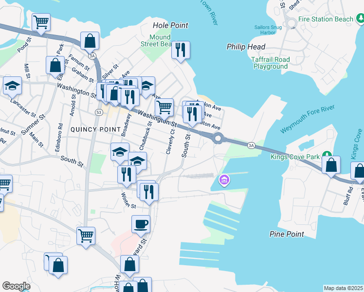 map of restaurants, bars, coffee shops, grocery stores, and more near 576 South Street in Quincy