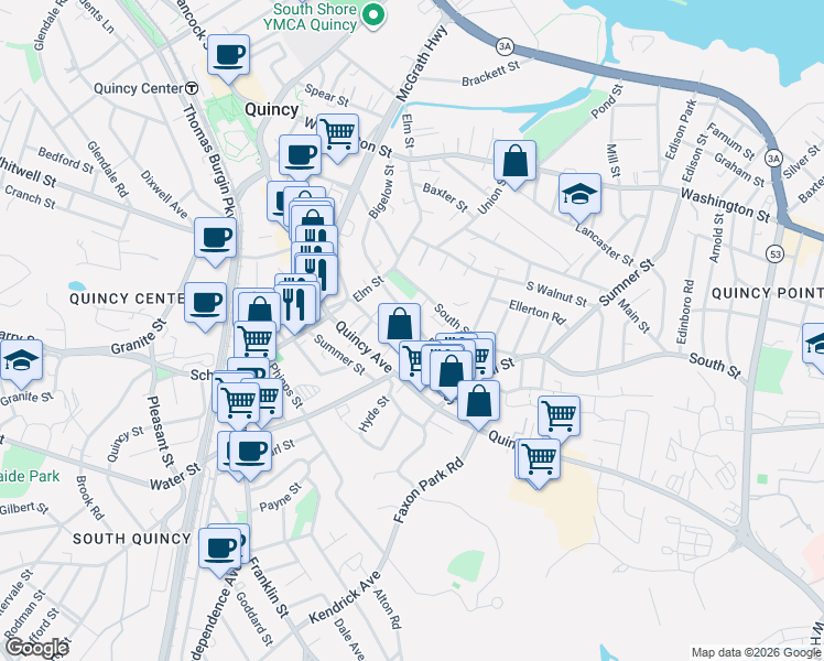 map of restaurants, bars, coffee shops, grocery stores, and more near 65 Dysart Street in Quincy