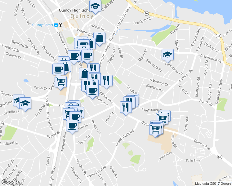 map of restaurants, bars, coffee shops, grocery stores, and more near 50 Quincy Avenue in Quincy