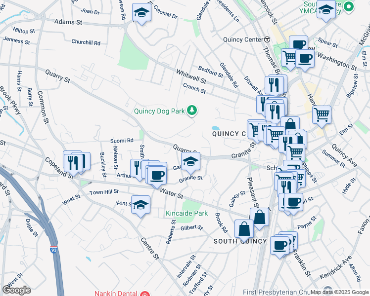 map of restaurants, bars, coffee shops, grocery stores, and more near 54 Quarry Street in Quincy