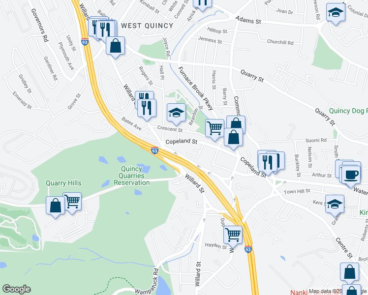 map of restaurants, bars, coffee shops, grocery stores, and more near 15 Furnace Avenue in Quincy