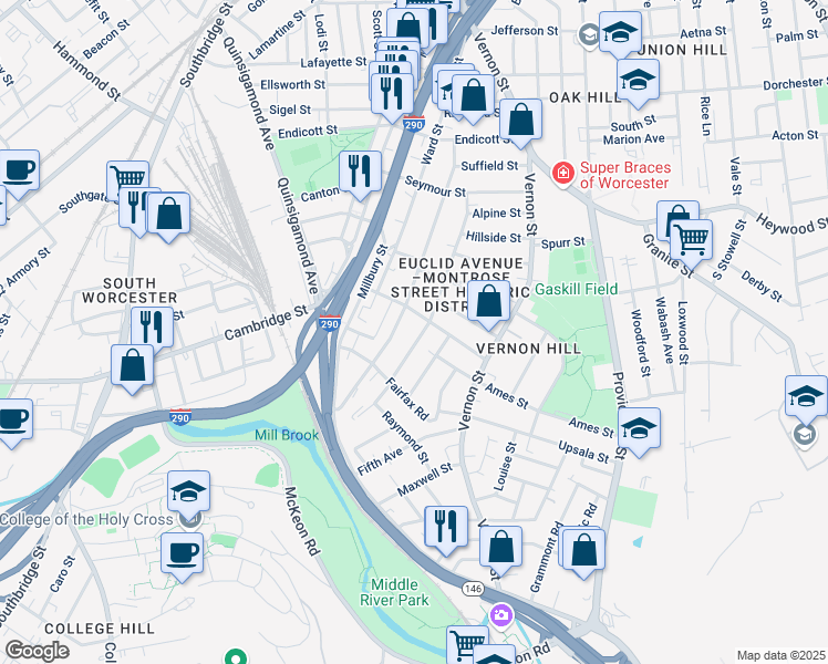 map of restaurants, bars, coffee shops, grocery stores, and more near 101 Sterling Street in Worcester