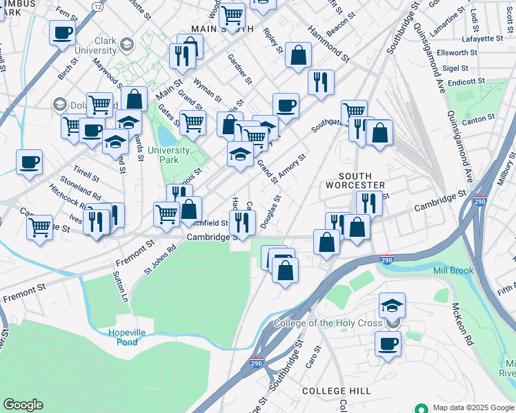 map of restaurants, bars, coffee shops, grocery stores, and more near 22 Camp Street in Worcester