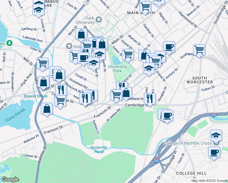 map of restaurants, bars, coffee shops, grocery stores, and more near 117 Illinois Street in Worcester