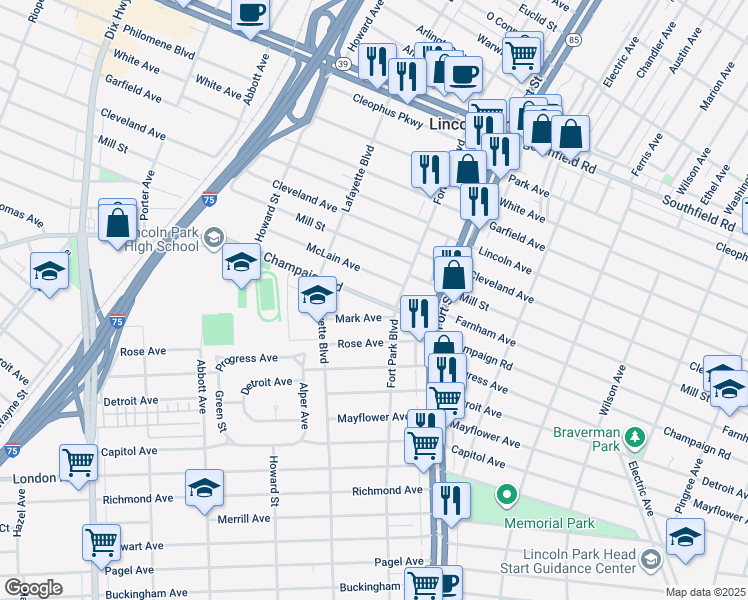 map of restaurants, bars, coffee shops, grocery stores, and more near 1356 Mark Avenue in Lincoln Park