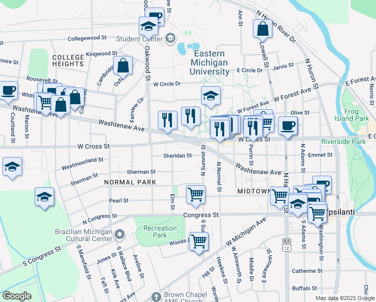 map of restaurants, bars, coffee shops, grocery stores, and more near 943 Sheridan Street in Ypsilanti