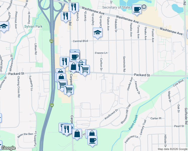 map of restaurants, bars, coffee shops, grocery stores, and more near 4220 Packard Street in Ann Arbor