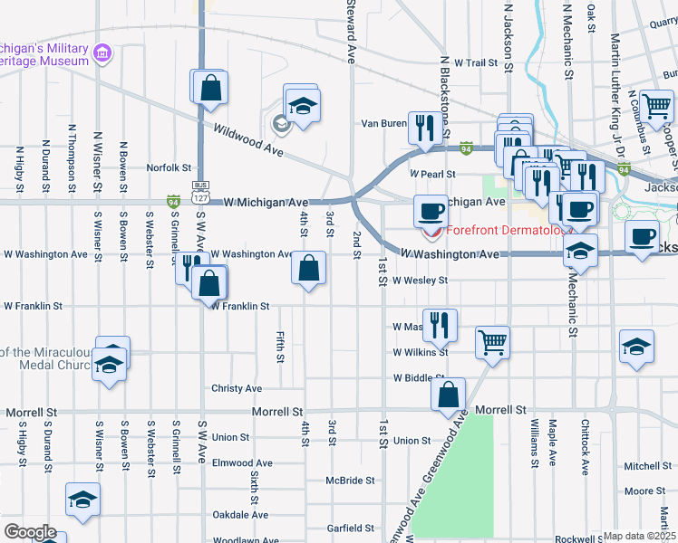 map of restaurants, bars, coffee shops, grocery stores, and more near 407 3rd Street in Jackson