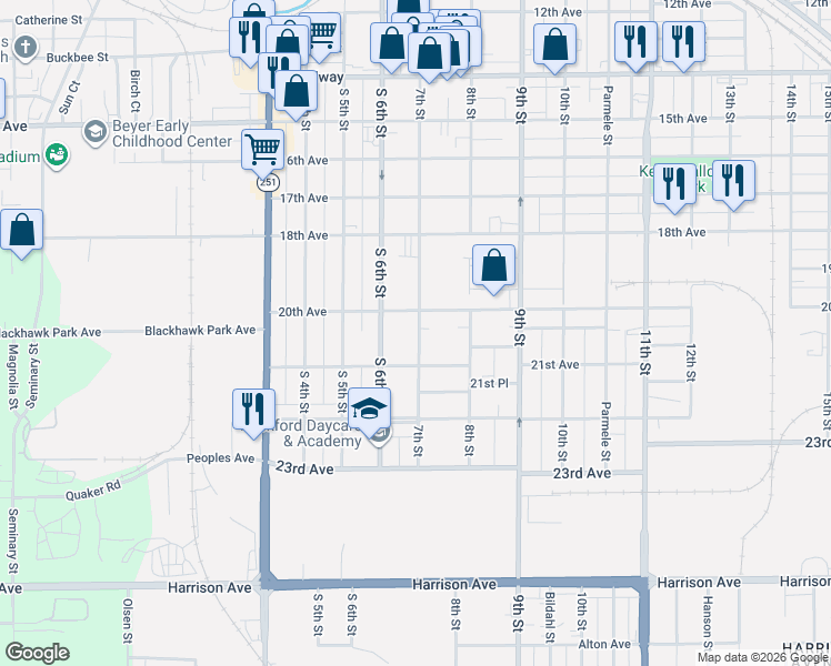 map of restaurants, bars, coffee shops, grocery stores, and more near 2134 7th Street in Rockford