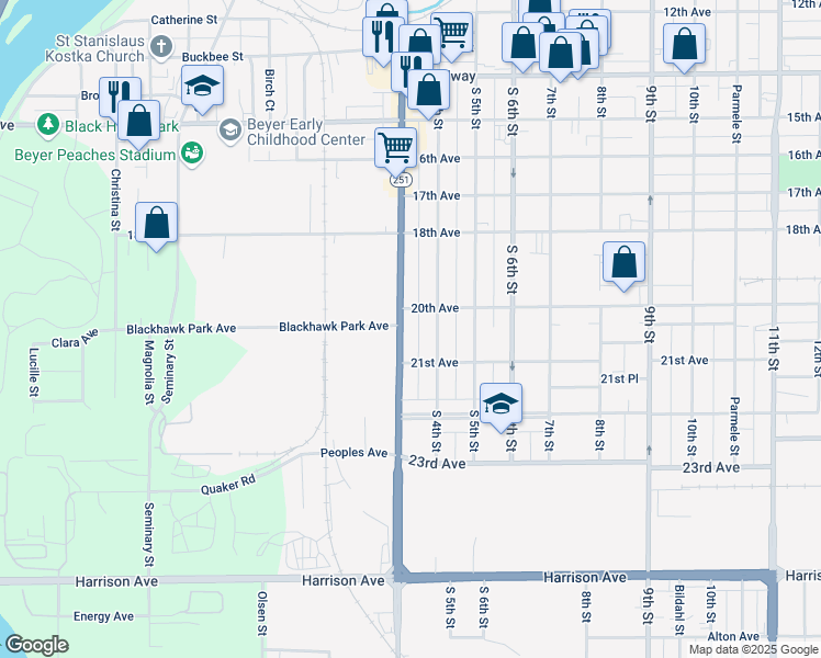 map of restaurants, bars, coffee shops, grocery stores, and more near 2134 Kishwaukee Street in Rockford