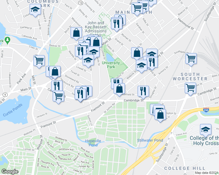 map of restaurants, bars, coffee shops, grocery stores, and more near 54 Crystal Street in Worcester