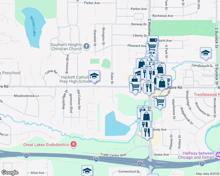 map of restaurants, bars, coffee shops, grocery stores, and more near 905 West Kilgore Road in Portage