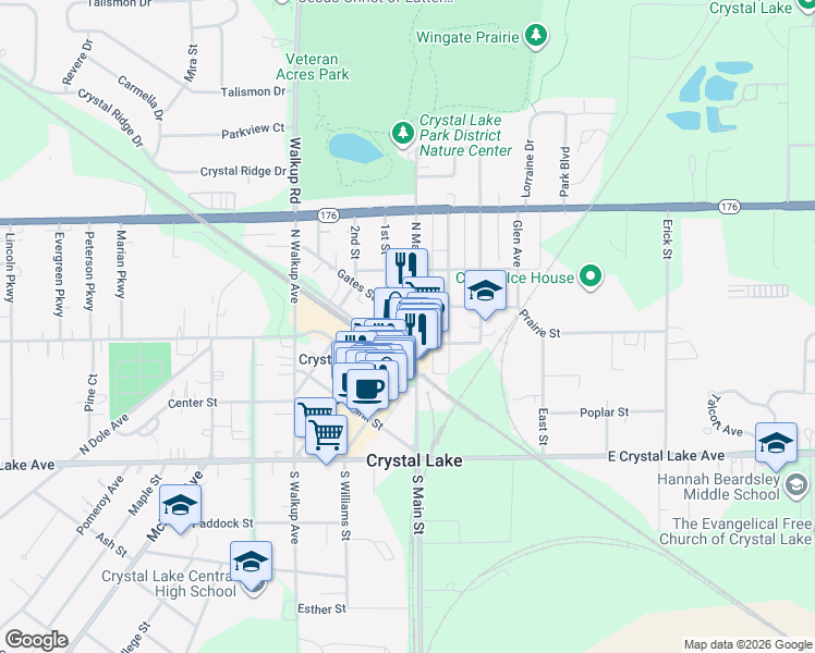 map of restaurants, bars, coffee shops, grocery stores, and more near in Crystal Lake