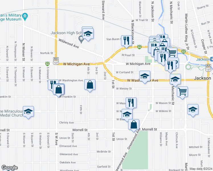 map of restaurants, bars, coffee shops, grocery stores, and more near 311 2nd Street in Jackson