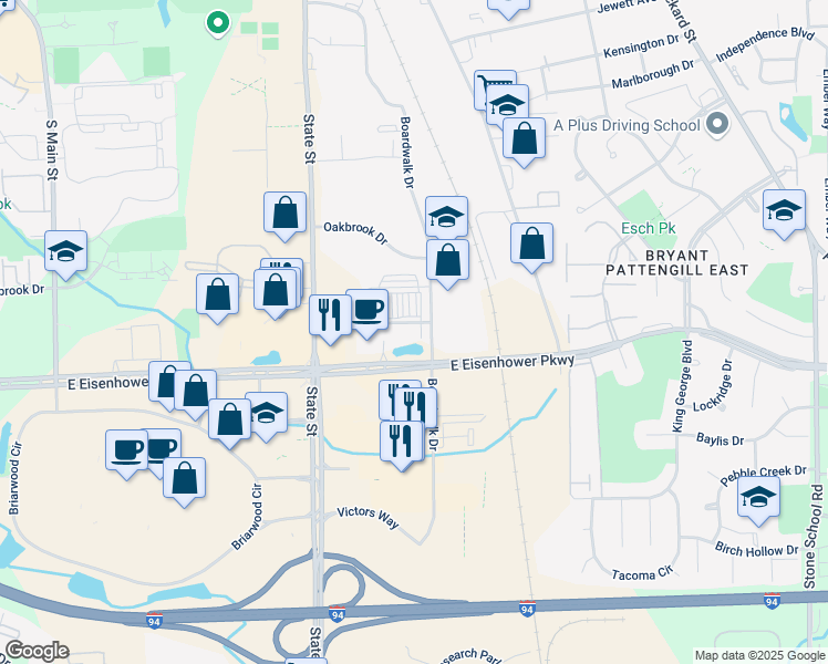 map of restaurants, bars, coffee shops, grocery stores, and more near 789 East Eisenhower Parkway in Ann Arbor