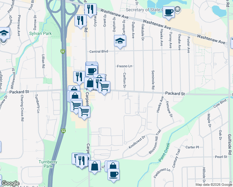 map of restaurants, bars, coffee shops, grocery stores, and more near 4220 Packard Street in Ann Arbor