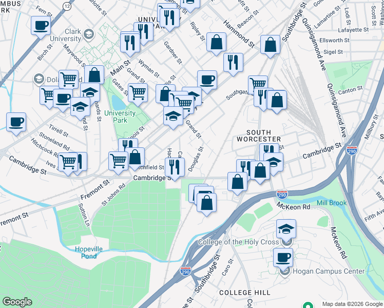 map of restaurants, bars, coffee shops, grocery stores, and more near 6 Douglas Court in Worcester