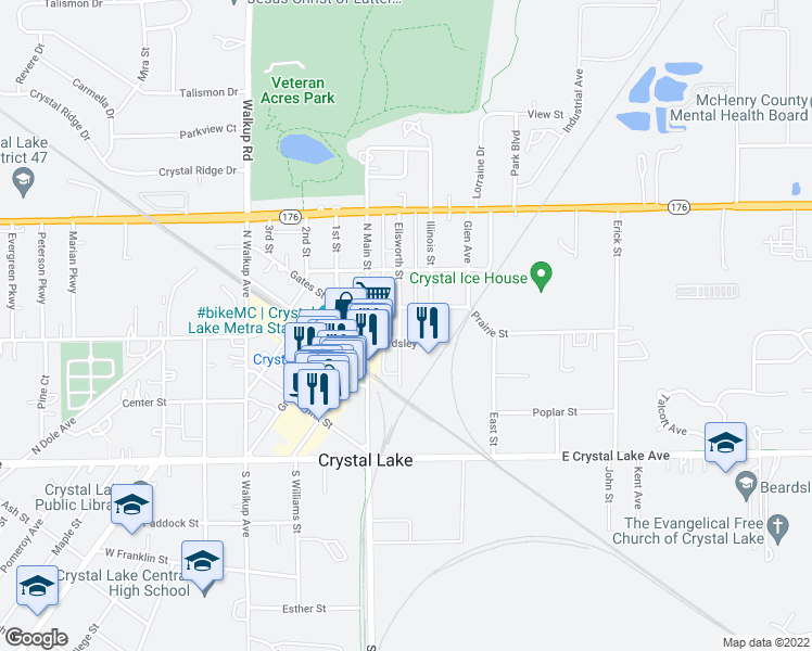map of restaurants, bars, coffee shops, grocery stores, and more near 135 Ellsworth Street in Crystal Lake